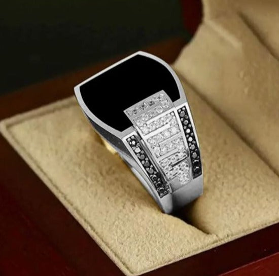 Mens Silver Plated Hip Hop Iced CZ Ring One Size Fits Most Black Onyx