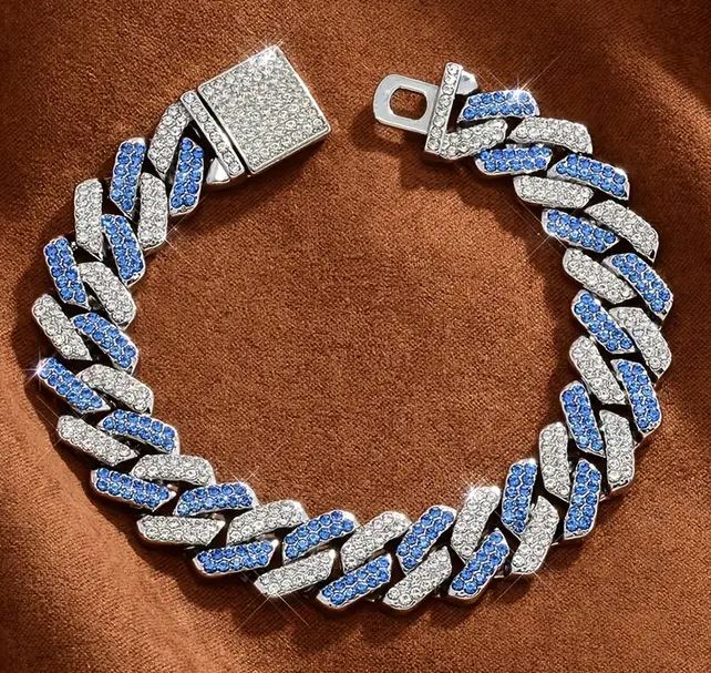 Mens Iced Silver Plated Hip Hop Bracelet Squared Cuban Link Blue