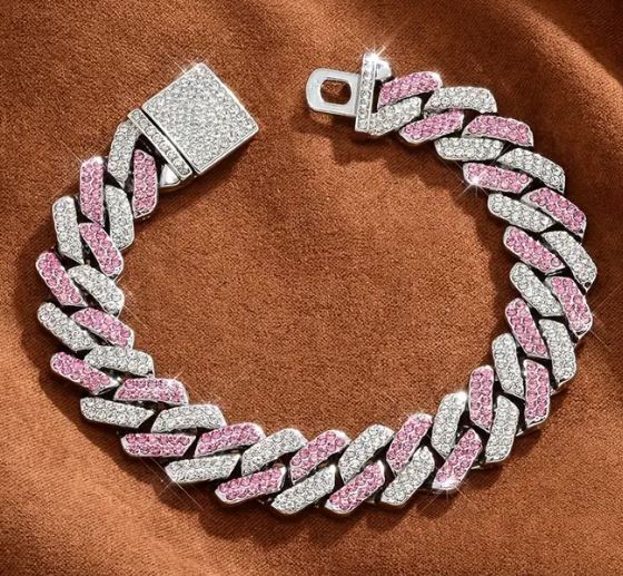 Mens Iced Silver Plated Hip Hop Bracelet Squared Cuban Link Pink