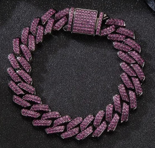 Mens Iced Black Rhodium Plated Hip Hop Bracelet Squared Cuban Link Purple
