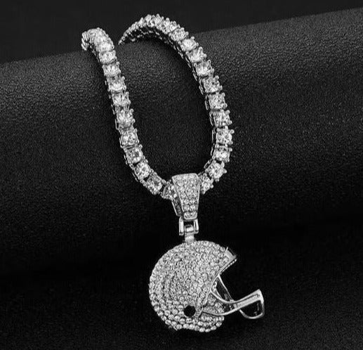 bling football helmet Iced Silver Plated Football Helmet Pendant with Hip Hop Chain Necklace – Big Dawgs Bling