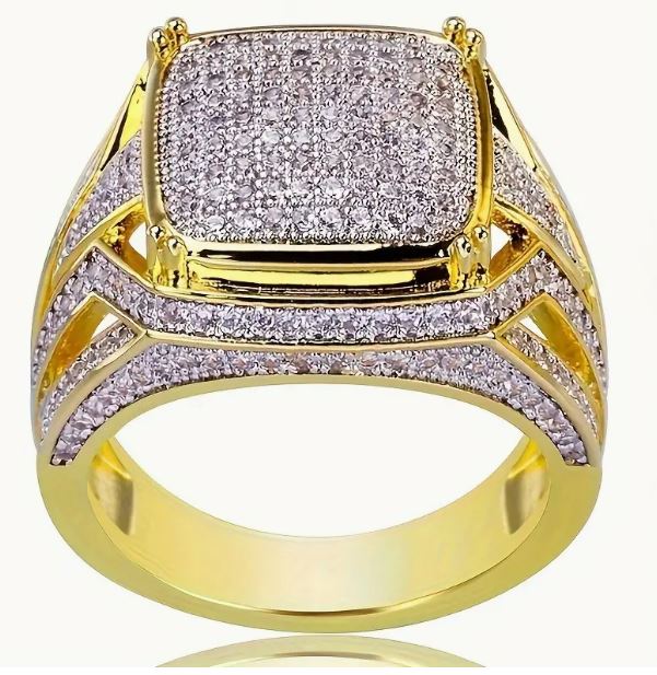 Mens 14k Gold Plated Hip Hop Iced CZ Ring One Size Fits Most