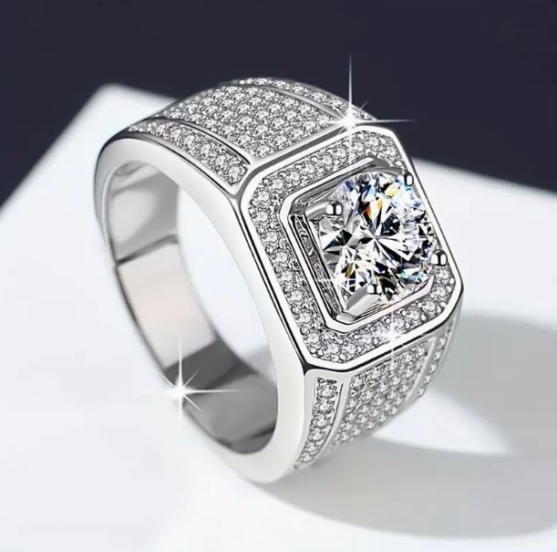 Mens Silver Plated Hip Hop Iced CZ Ring One Size Fits Most