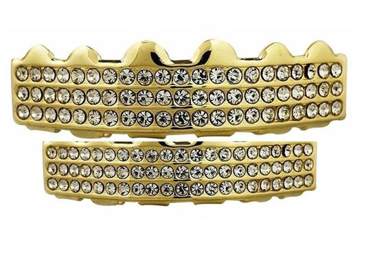 14K Gold Plated Upper & Lower Grillz Set Iced 6 Rows