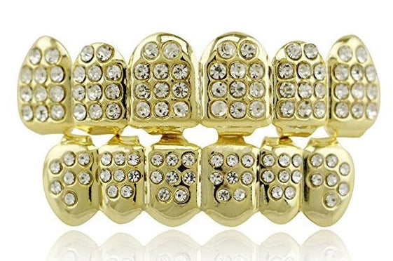 14K Gold Plated Upper & Lower Grillz Set Iced Pimp