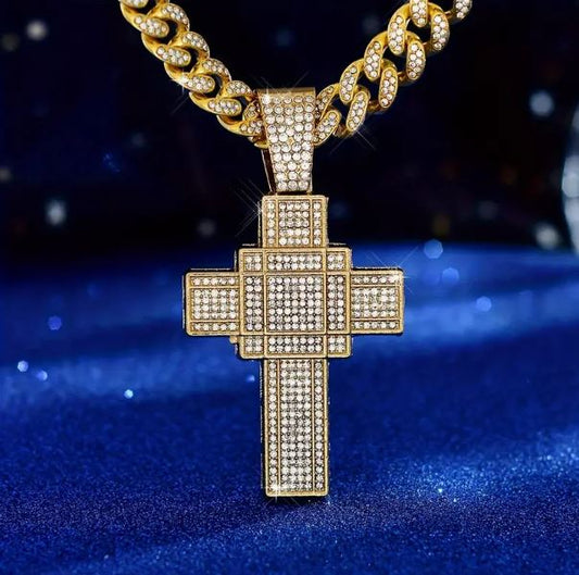 Iced 14K Gold Plated Pendant with Hip Hop Chain Necklace Large Cross