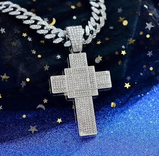 Iced Silver Plated Pendant with Hip Hop Chain Necklace Large Cross
