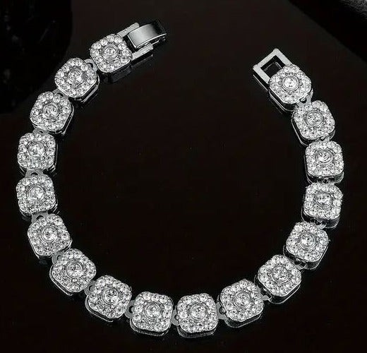 Mens Iced Silver Plated Hip Hop Bracelet Cube Link