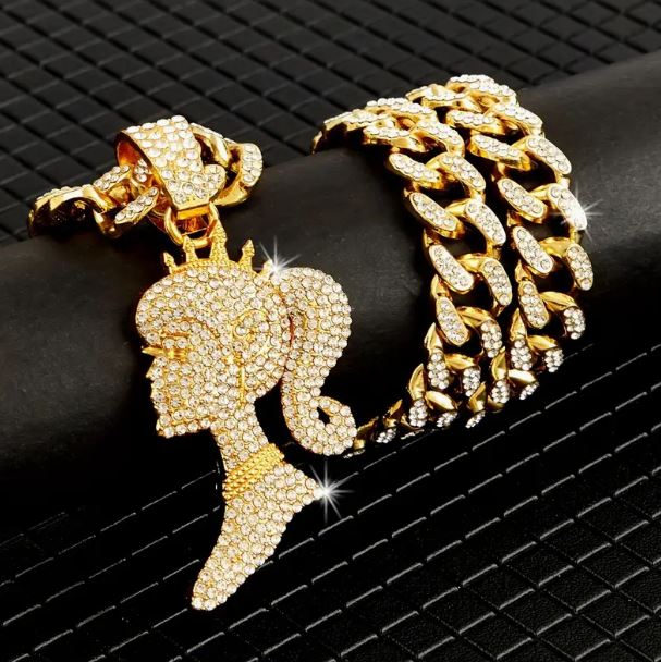 Iced 14K Gold Plated Pendant with Hip Hop Chain Necklace Barbie Portrait