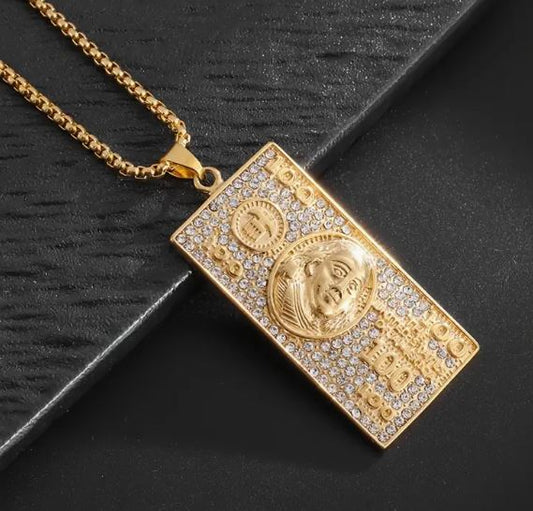 Iced 14K Gold Plated Pendant with Hip Hop Chain Necklace 100 Dollar Bill