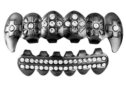 Rhodium Plated Upper & Lower Grillz Set Fangs w/ Clear Stones