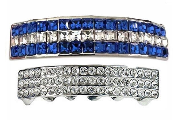 Silver Plated Upper & Lower Grillz Set Blue Iced Rows