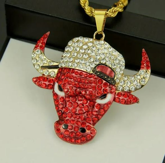 Iced 14K Gold Plated Pendant with Hip Hop Chain Necklace Bull with Hat