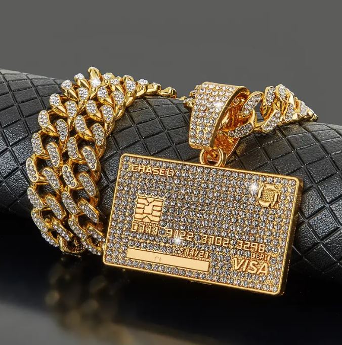 Iced 14K Gold Plated Pendant with Hip Hop Chain Necklace Visa Credit Card