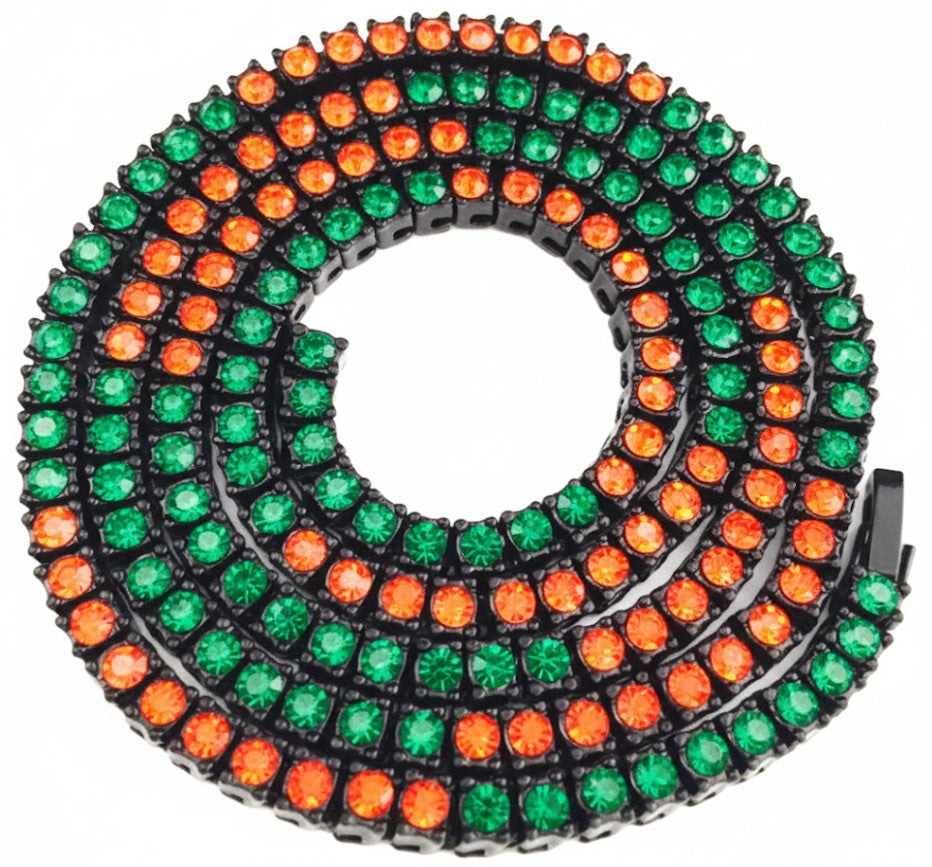 Black Iced CZ Row Tennis Baseball Chain Necklace Orange Green