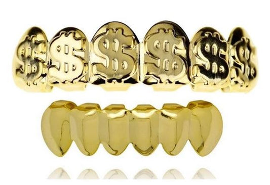 14K Gold Plated Upper & Lower Grillz Set Dollar Sign