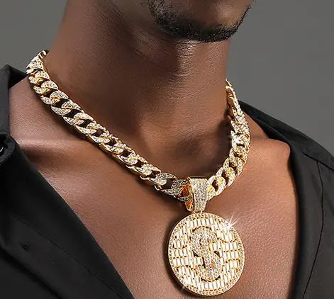 Iced 14K Gold Plated Pendant with Hip Hop Chain Necklace $ Dollar Sign