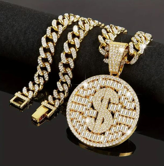 Iced 14K Gold Plated Pendant with Hip Hop Chain Necklace $ Dollar Sign