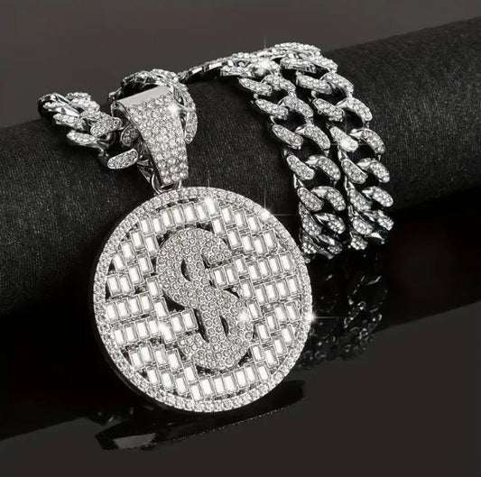 Iced Silver Plated Pendant with Hip Hop Chain Necklace $ Dollar Sign
