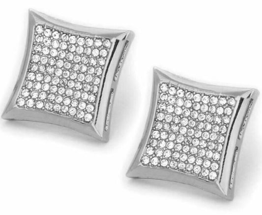 Large Iced CZ Silver Plated 9x9 Kite Earrings Screw Back 22mm