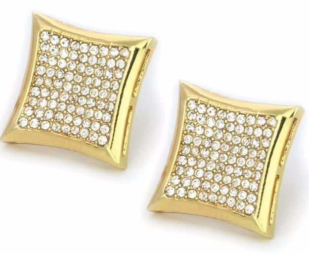 Large Iced CZ 14K Gold Plated 9x9 Kite Earrings Screw Back 22mm