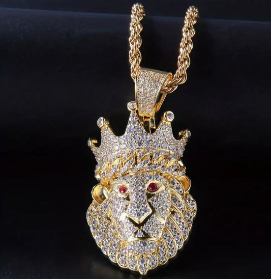 Iced Silver Plated Pendant with Hip Hop Chain Necklace Lion Crown