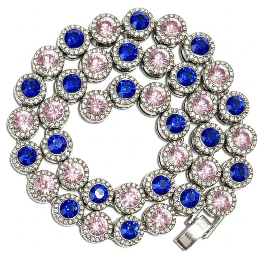 Hip Hop Iced Silver 12mm CZ Cluster Chain Necklace Miami Blue Pink