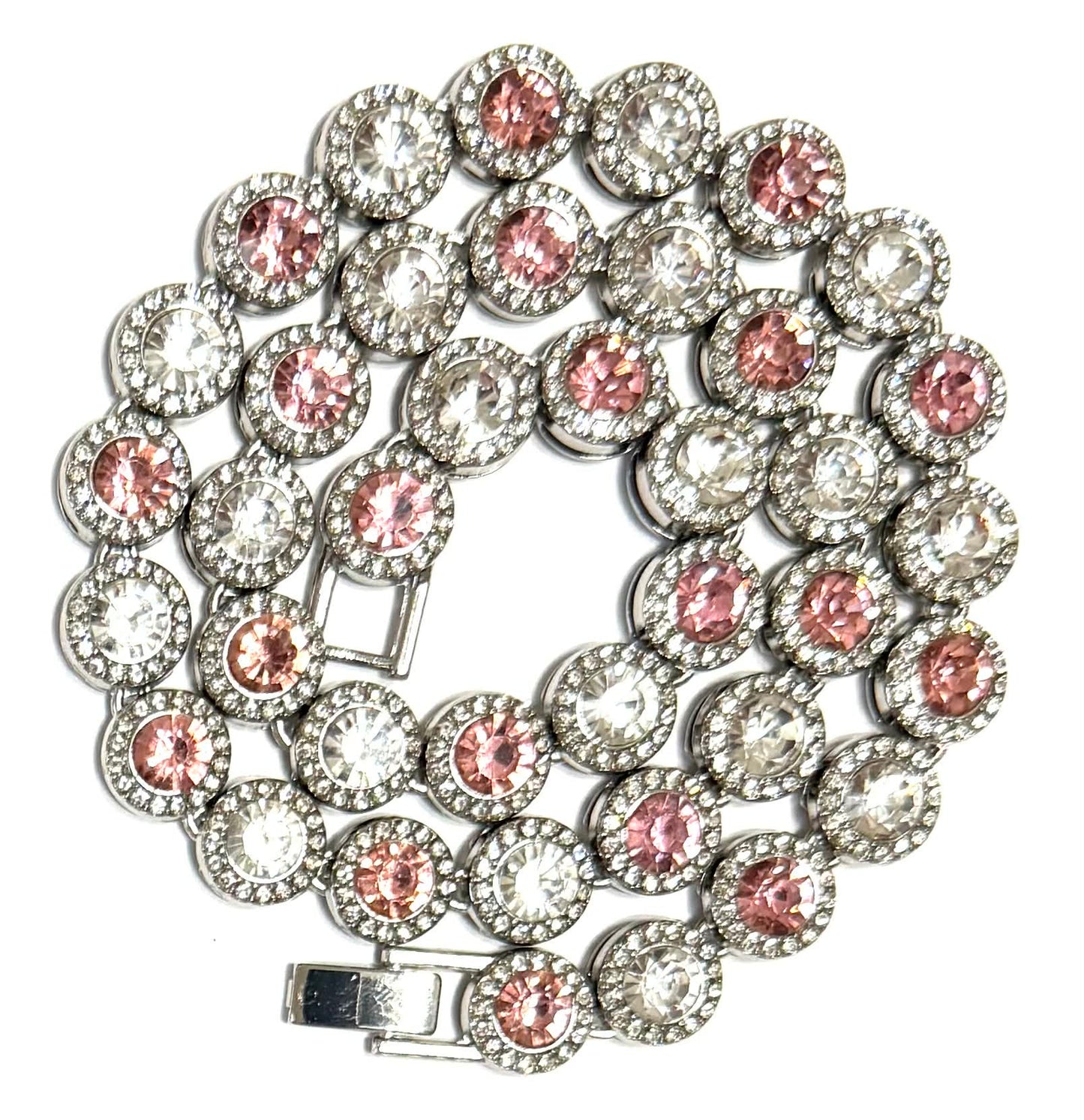 Hip Hop Iced Silver 12mm CZ Cluster Chain Necklace Pink White