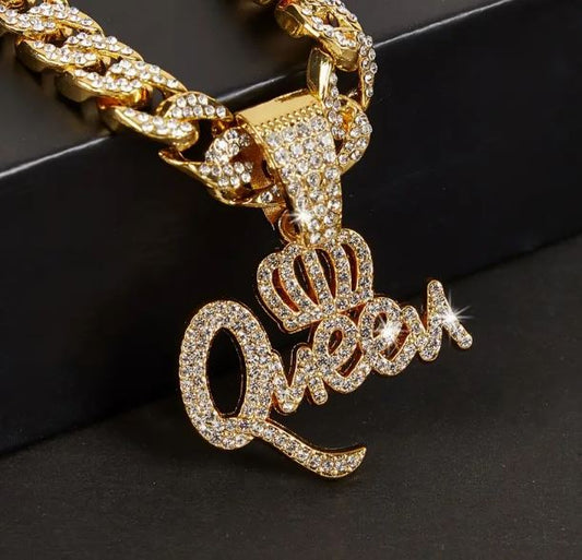 Ladies Iced 14k Gold Plated Pendant with Hip Hop Chain Necklace Queen