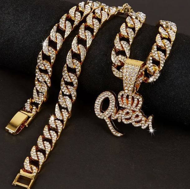 Ladies Iced 14k Gold Plated Pendant with Hip Hop Chain Necklace Queen