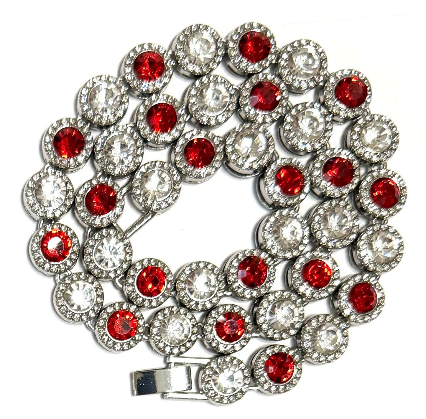 Hip Hop Iced Silver 12mm CZ Cluster Chain Necklace Red White