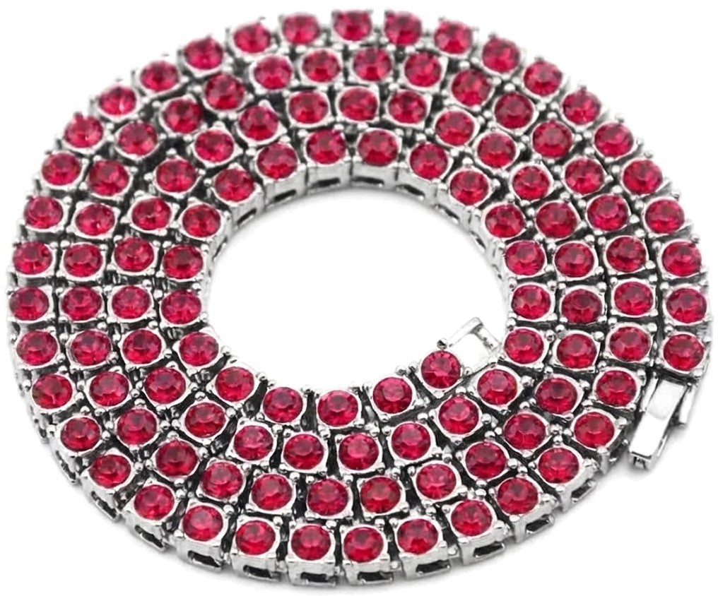 Silver Iced CZ Row Tennis Baseball Chain Necklace Red