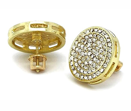 Large Iced CZ 14K Gold Plated Round Earrings Screw Back 20mm