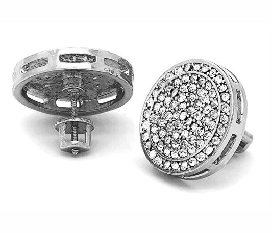 Large Iced CZ Silver Plated Round Earrings Screw Back 20mm