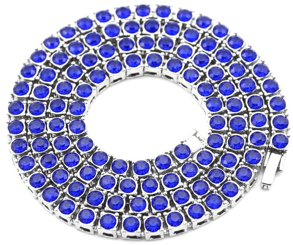 Silver Iced CZ Row Tennis Baseball Chain Necklace Blue