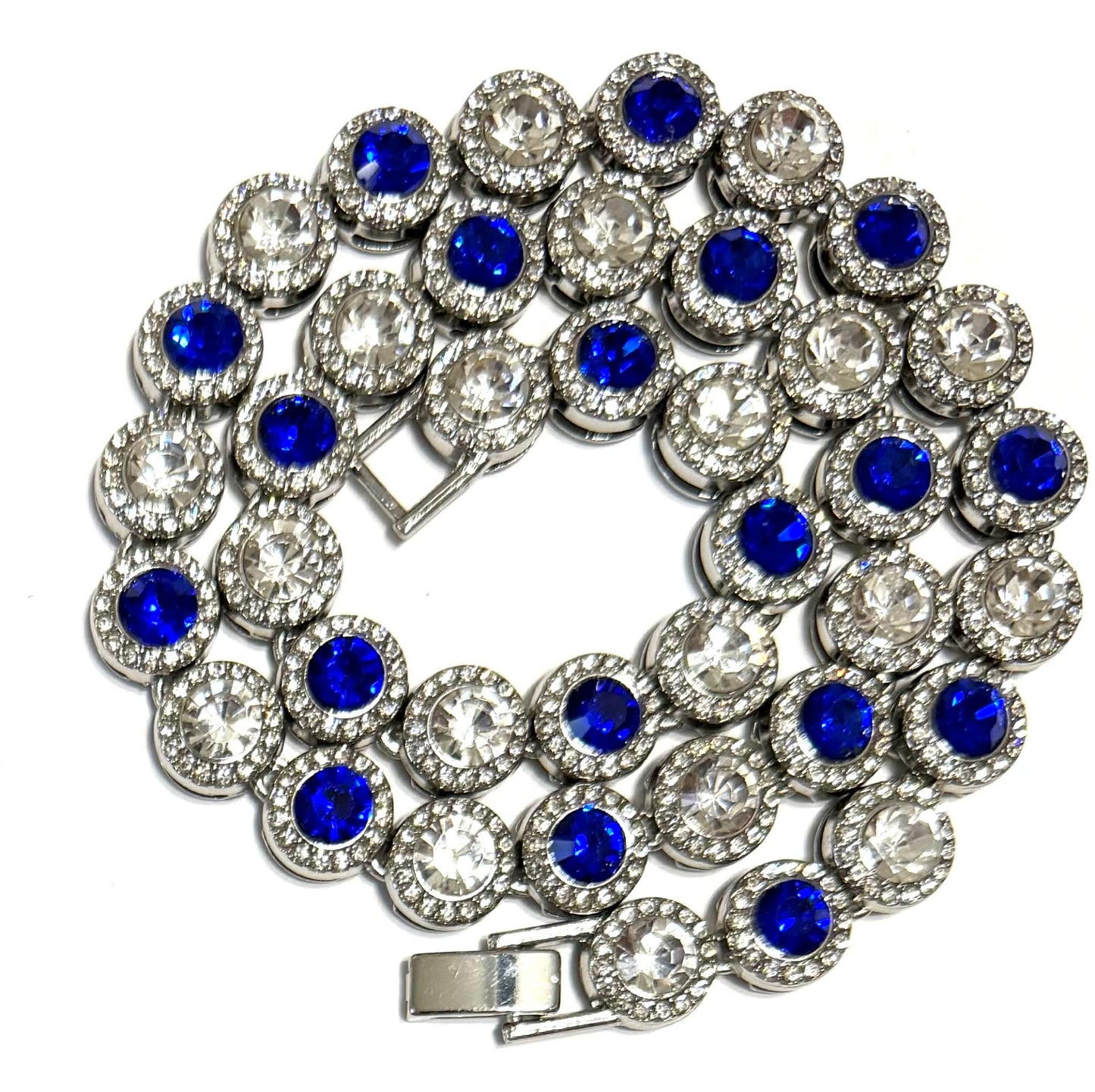 Hip Hop Iced Silver 12mm CZ Cluster Chain Necklace Royal Blue White