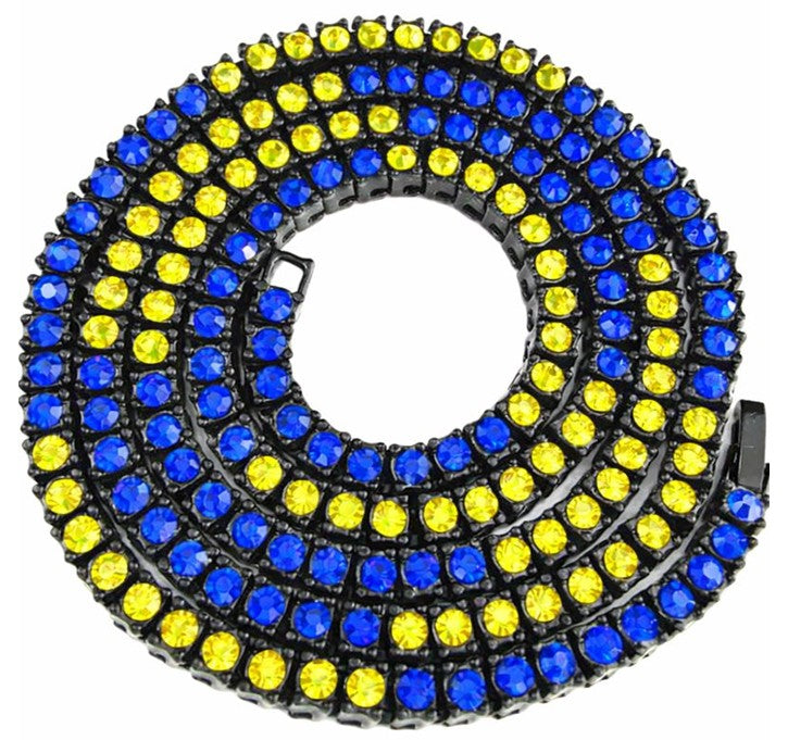 Black Iced CZ Row Tennis Baseball Chain Necklace Blue Yellow