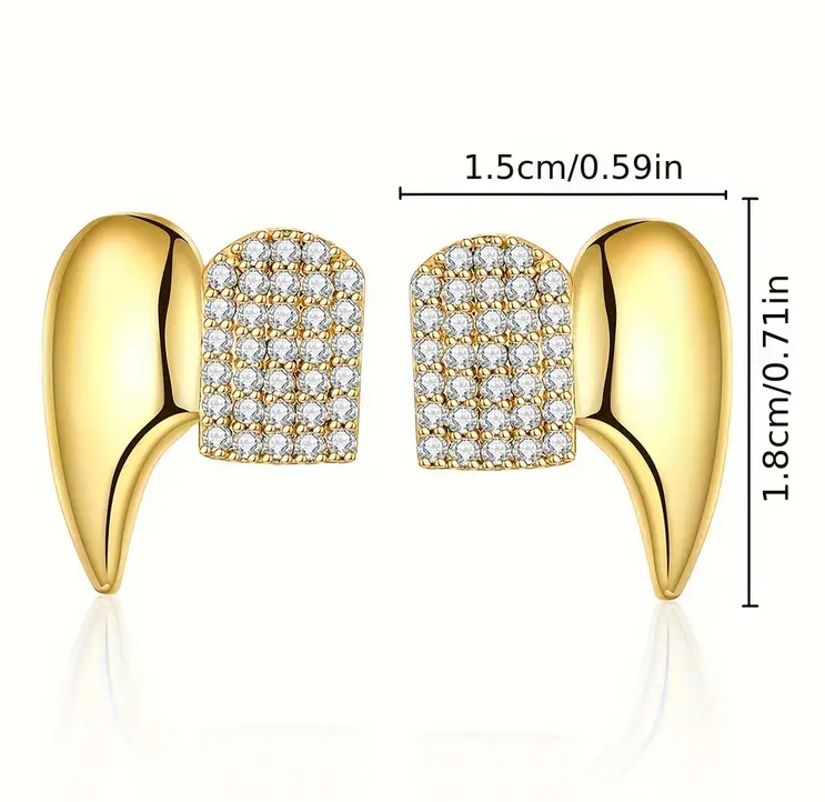 14K Gold Plated Double Cap Iced Fangs Grillz Set