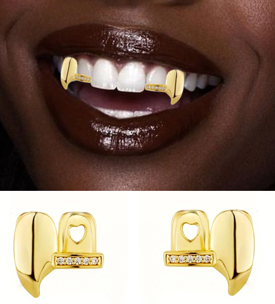 14K Gold Plated Iced Fangs Set 2pc
