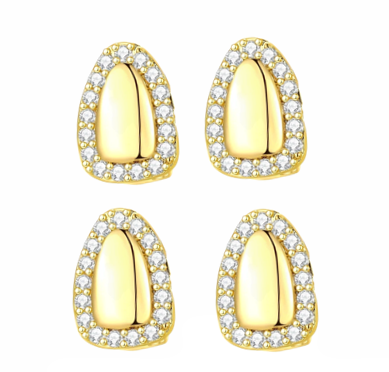14K Gold Plated Iced Border Edge Grillz Cap 4pc Set