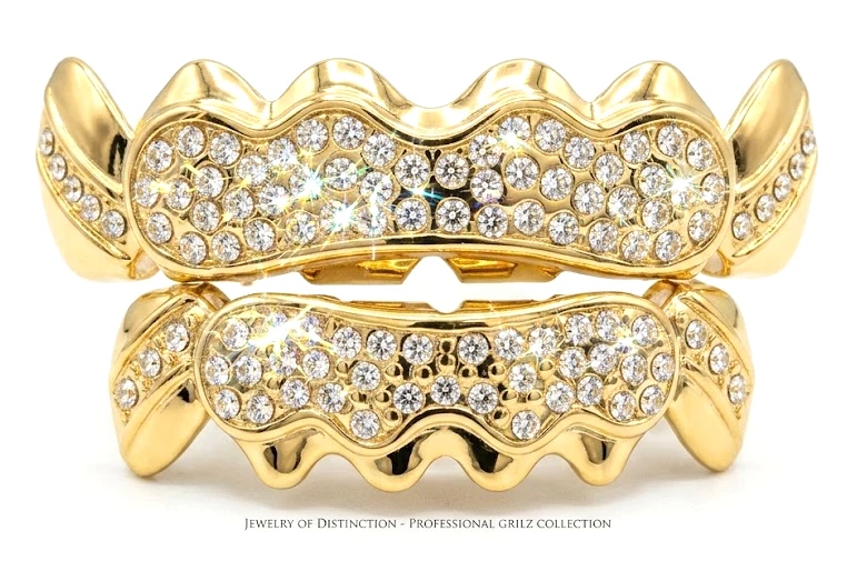 14K Gold Plated Iced Cluster CZ Upper & Lower Grillz Deluxe Set