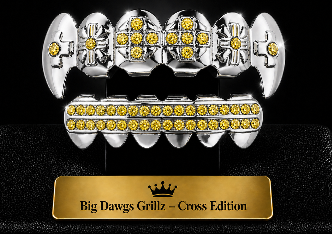 Silver Plated Upper & Lower Cross Fang Grillz Set Iced Yellow CZ