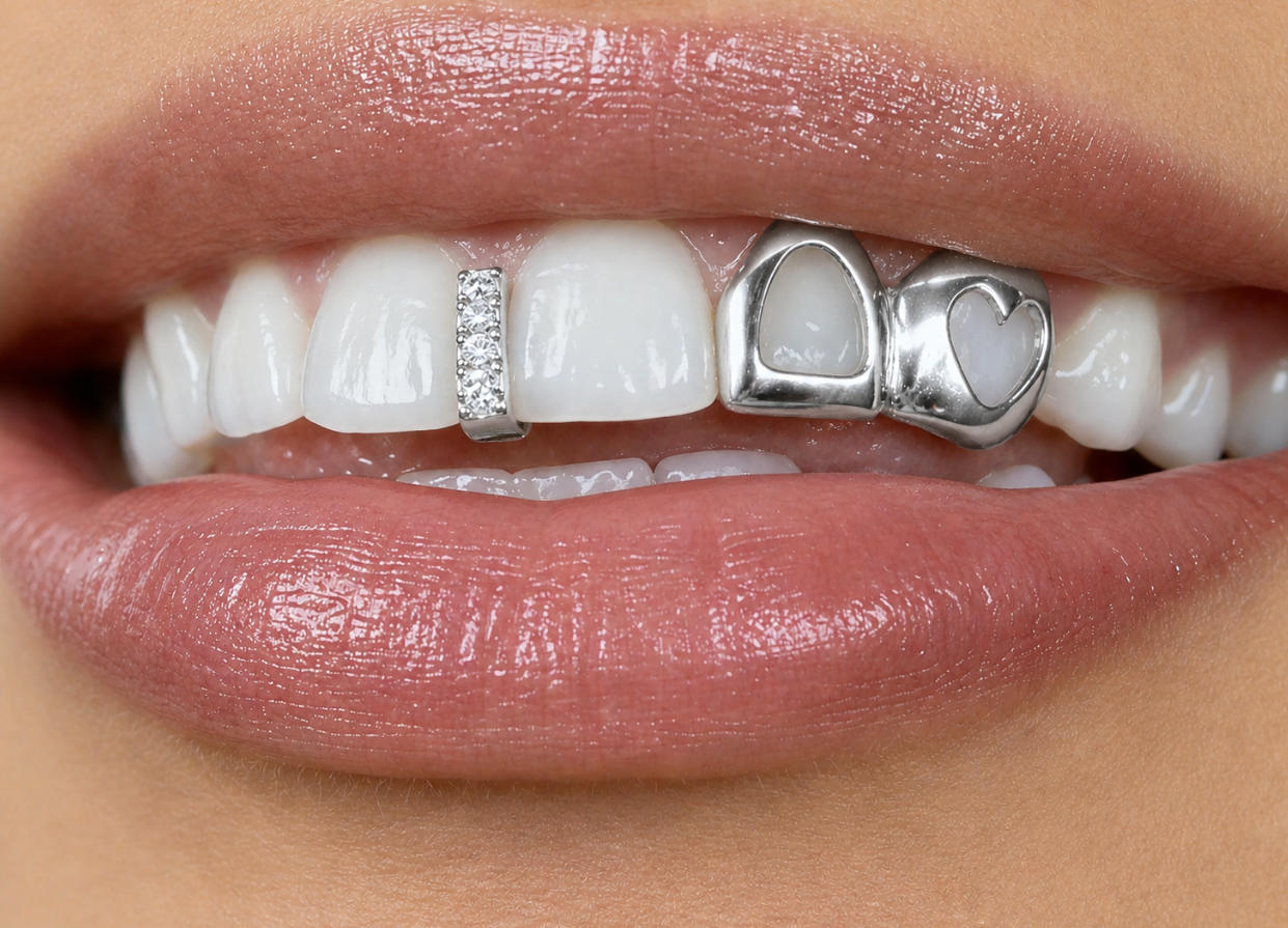 Custom Fit Silver Open Face Heart + Iced Gap Teeth Grillz Cap 2pc Set