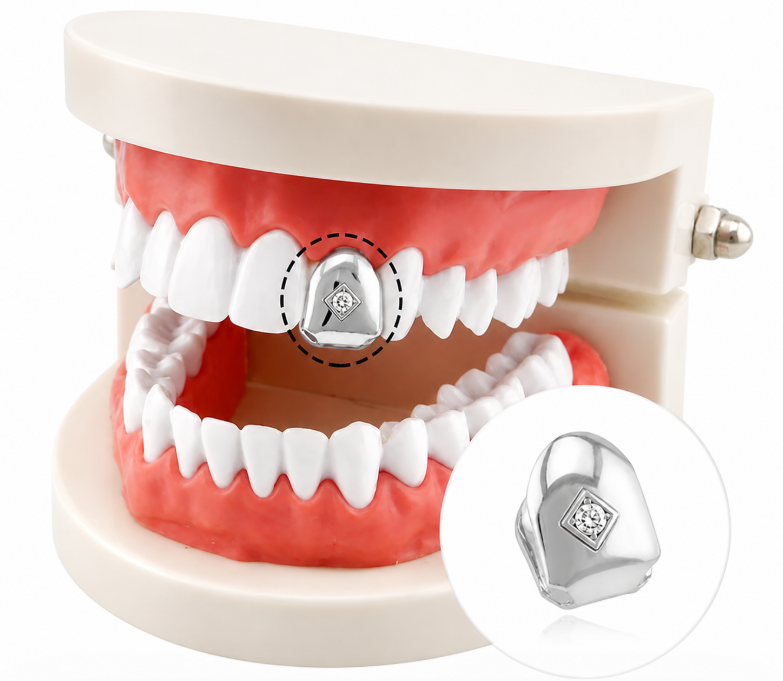 Silver Single Centered Diamond Grillz Tooth Cap
