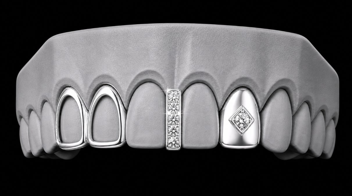 925 Silver Plated Open Double Tooth + Centered Diamond Grillz Cap + Iced Gap