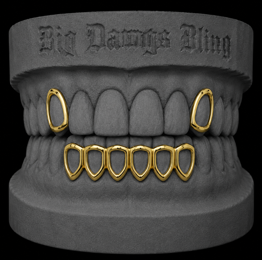 14K Gold Plated Upper Right & Left Open Face Caps + Bottom Lower Open Grillz Set