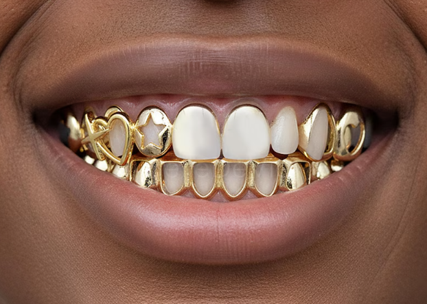 14K Gold Plated Open Face Heart & Star Caps + Lower 6 Grillz 3pc Set