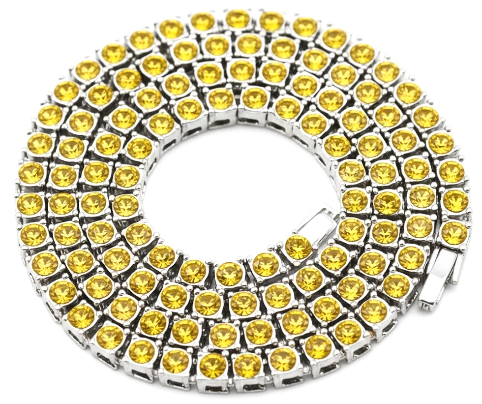 Silver Iced CZ Row Tennis Baseball Chain Necklace Yellow