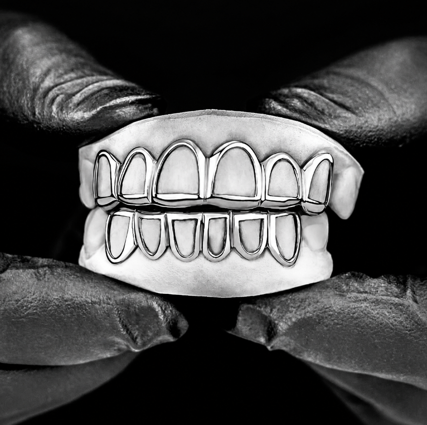 Custom Silver Open Face 6 Upper & G Lower Grillz Set