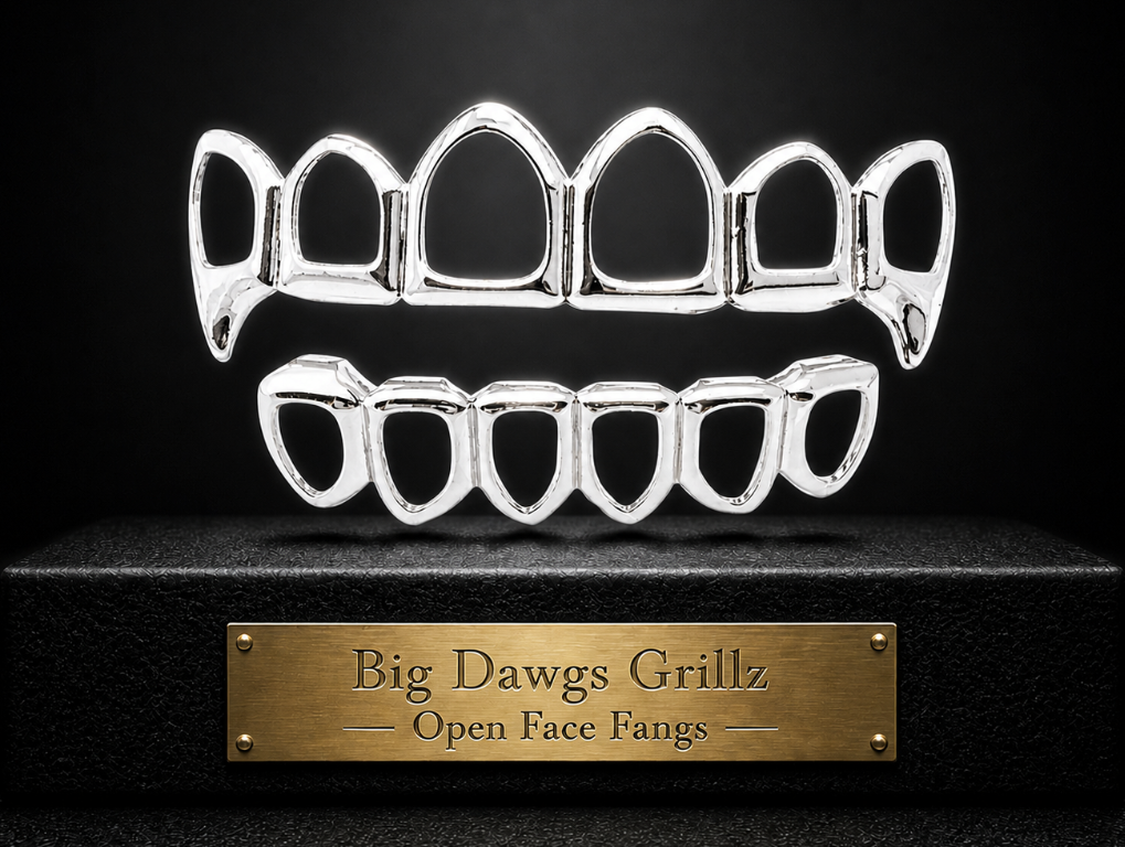 Silver Plated Open Face Fang Grillz Set